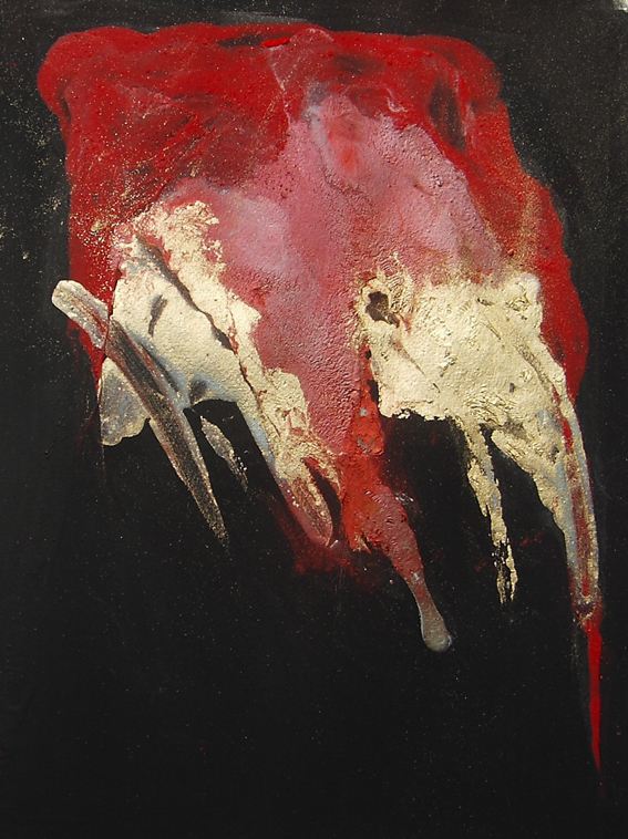 Evento rosso, 2008, tempera magra e metalli su carta, 25x30